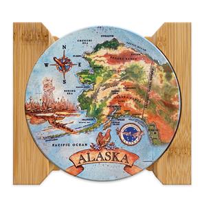 4-pk Round Coasters with Bamboo Caddy, Last Frontier Map