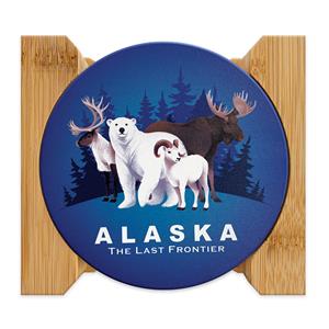 4-pk Round Coasters with Bamboo Caddy, Arctic Friends